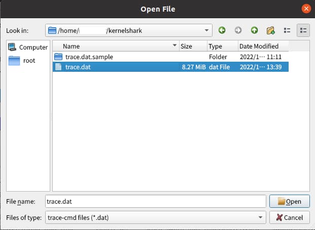 Open File 画面でトレースログファイルを選択