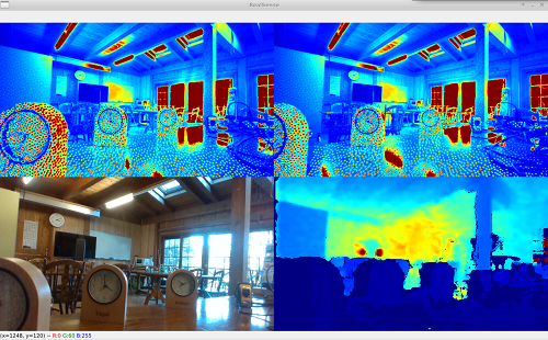 上 2 つが赤外線カメラ （IR1, IR2）、左下が RGB カメラ、右下が Depth カメラの映像